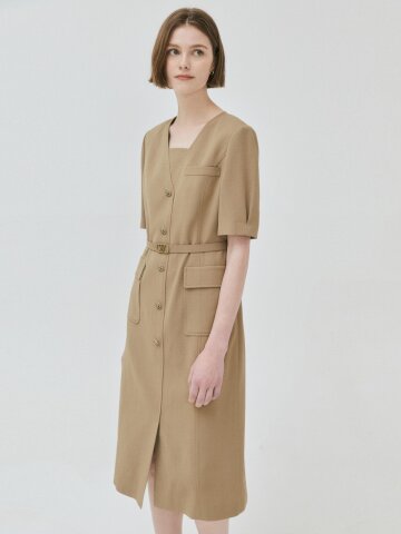 버튼 장식 포켓 H라인 원피스 