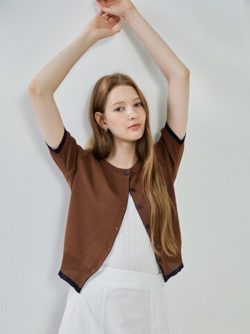 배색 하프 슬리브 라운드넥 가디건 