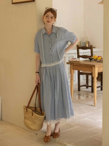DA_Striped tucker lace patchwork skirt