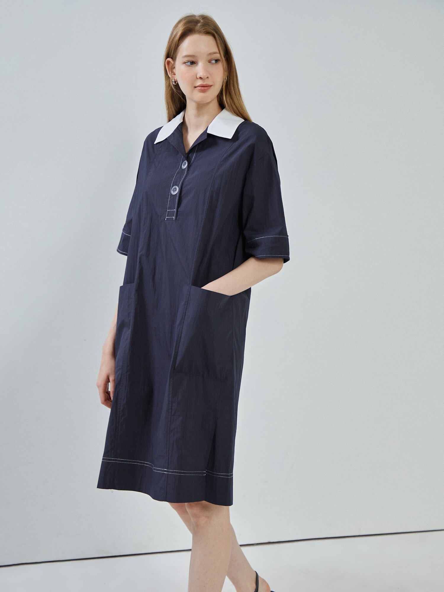 아웃 포켓 오픈 칼라 원피스 (NAVY)