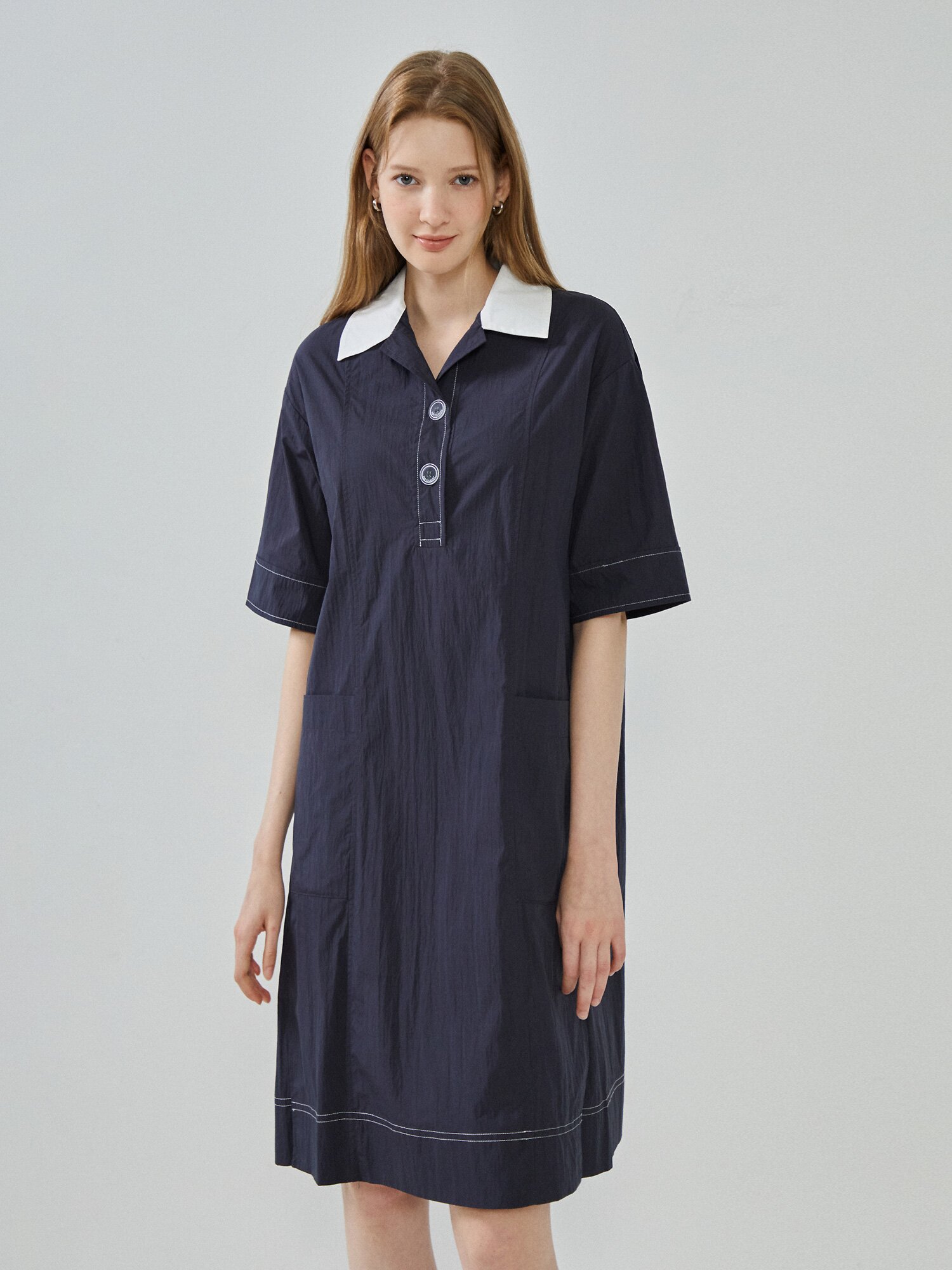 아웃 포켓 오픈 칼라 원피스 (NAVY)