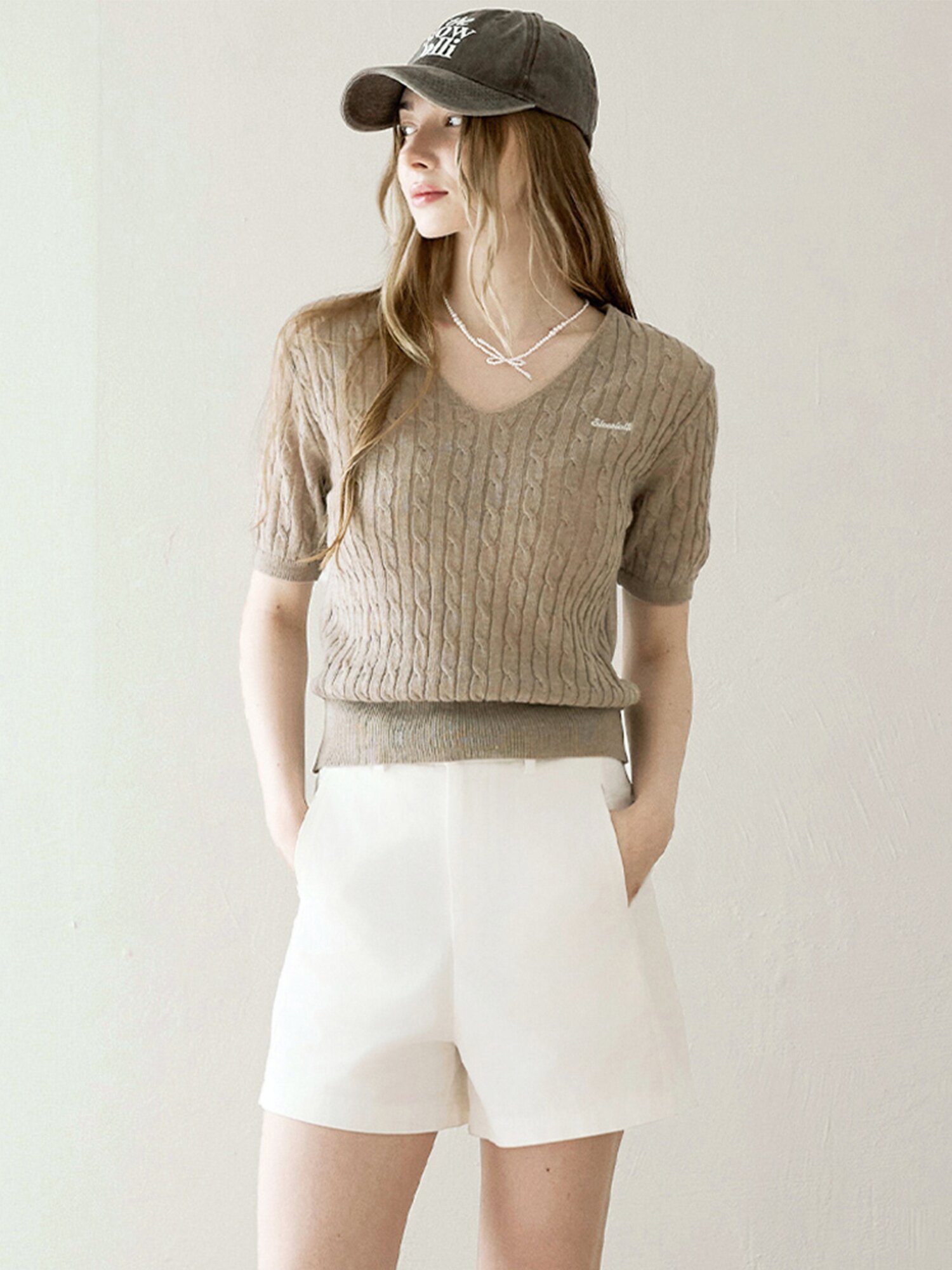 Belted cotton short pants - Ivory