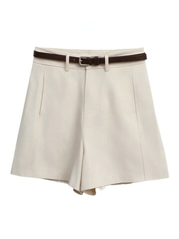 Belted cotton short pants - Beige