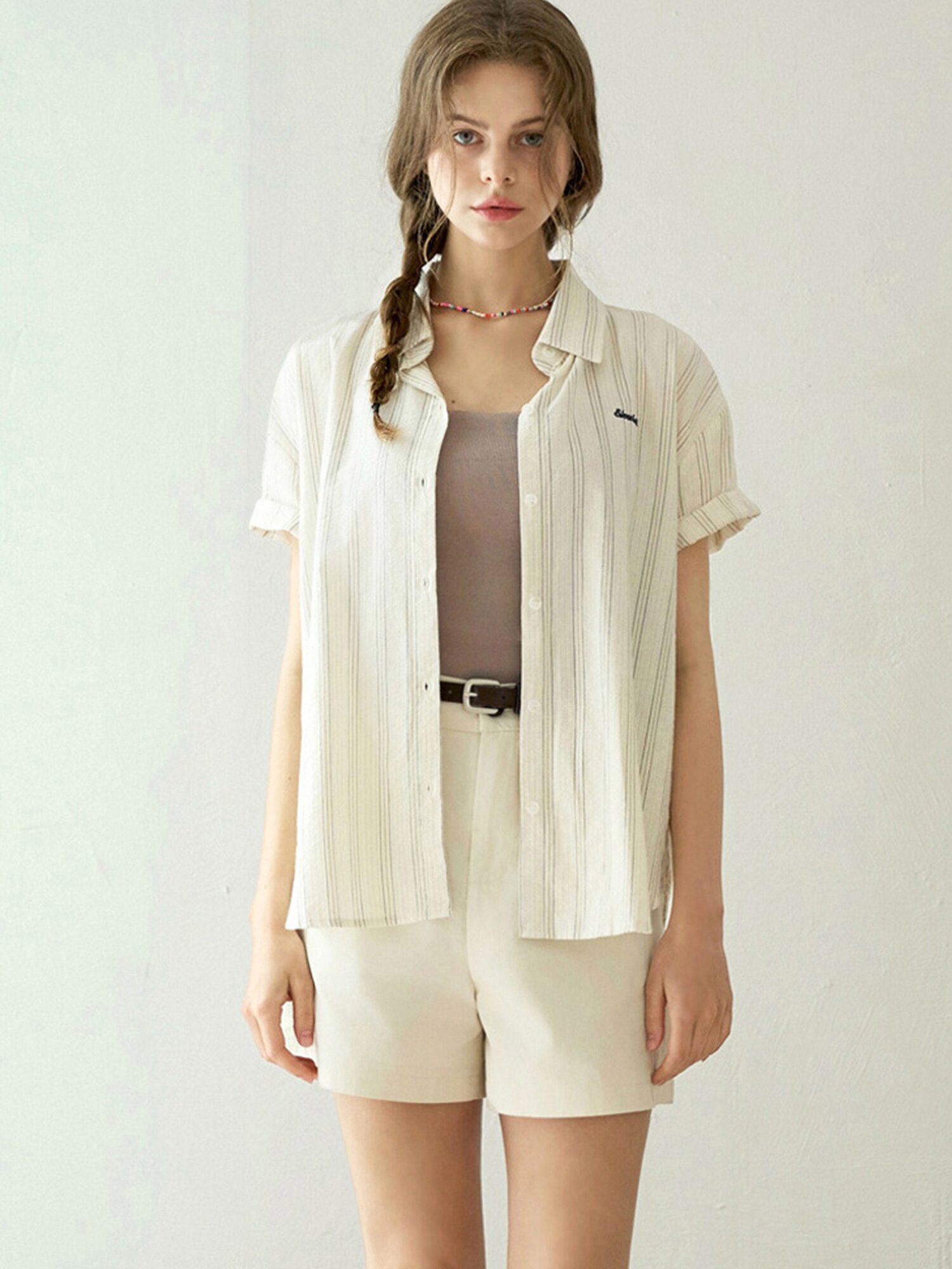 Belted cotton short pants - Beige
