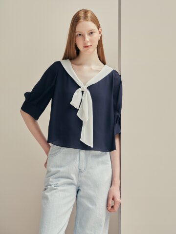 레이어 배색 브이넥 블라우스 