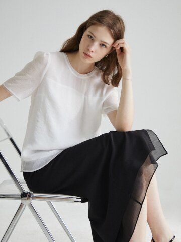 시스루 배색 퍼프 블라우스 