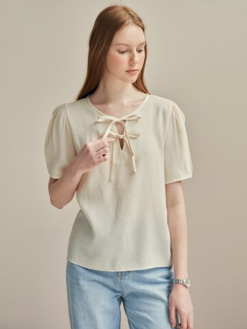 리본 퍼프 슬리브 블라우스 