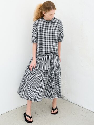 FRILL SHRRING CHECK DRESS_BLACK