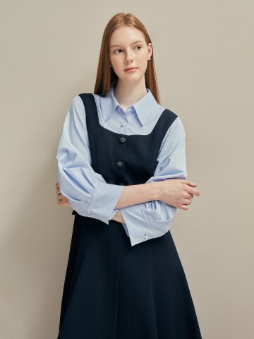 셔츠 배색 뷔스티에 플레어 원피스 