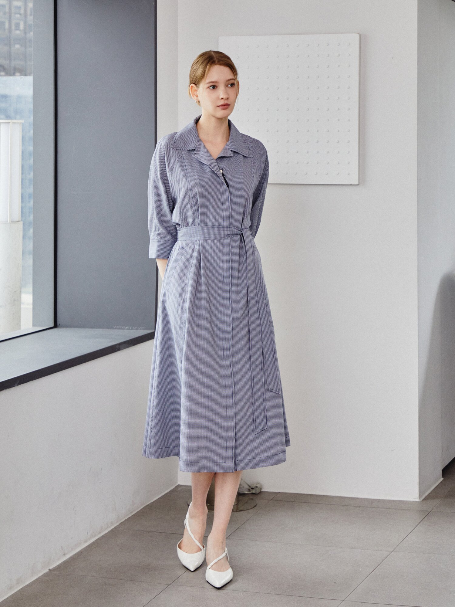 집업 플레어 셔츠 원피스 (CHECK NAVY)