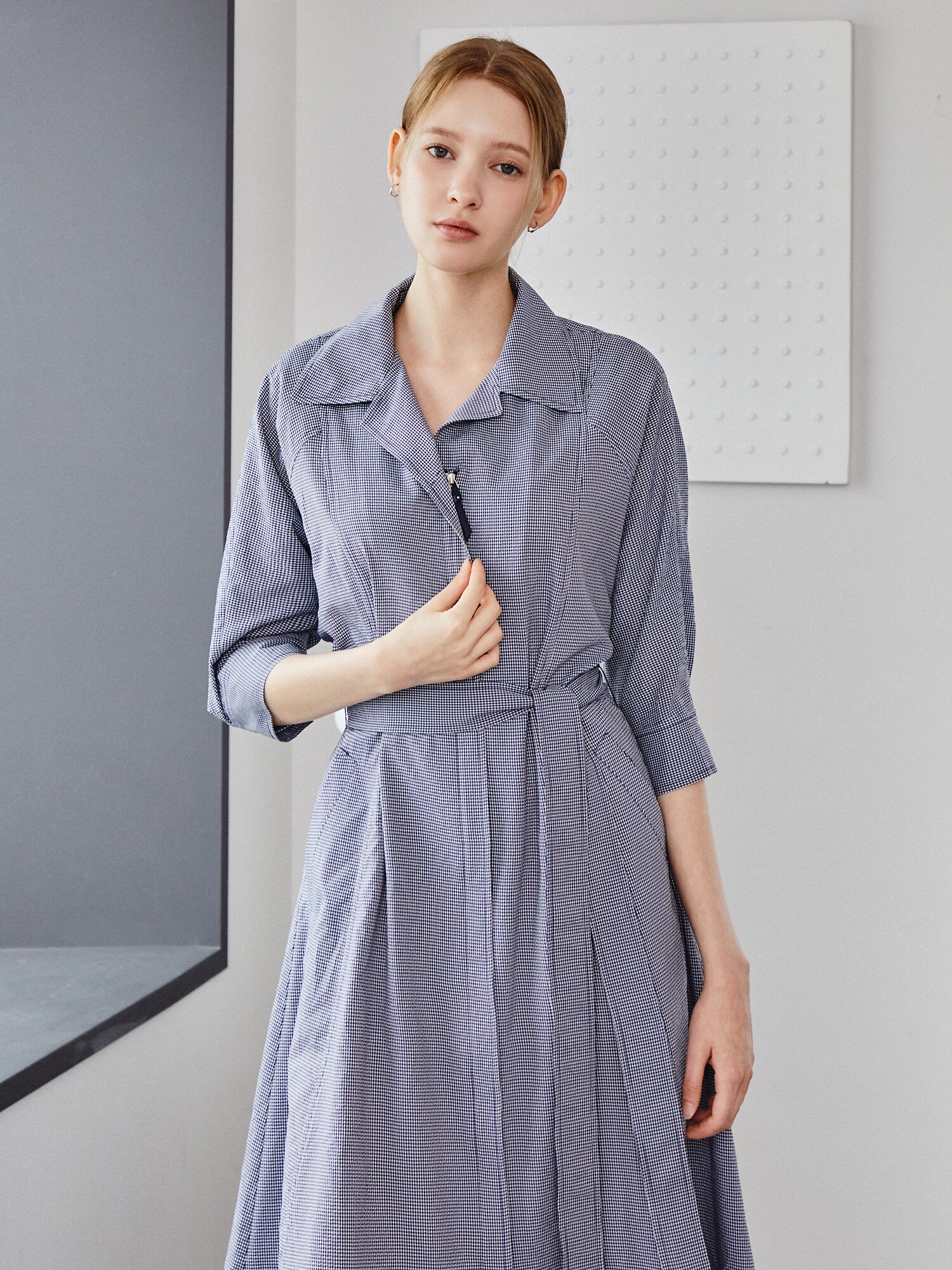 집업 플레어 셔츠 원피스 (CHECK NAVY)