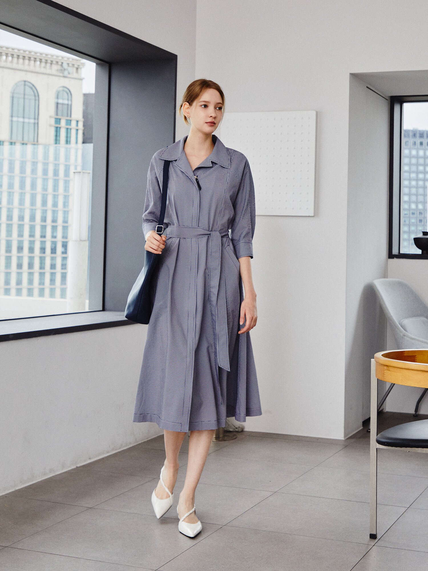 집업 플레어 셔츠 원피스 (CHECK NAVY)