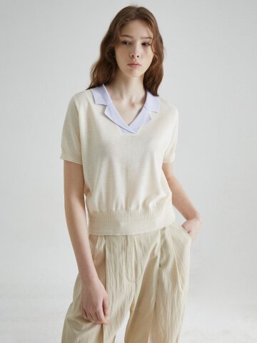 배색 오픈 칼라 풀오버 니트 