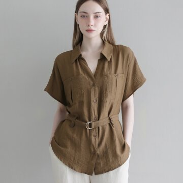 내추럴 벨트 셔츠 - BROWN