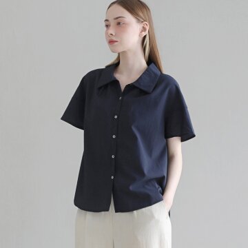 셔링 라운드 셔츠 - NAVY