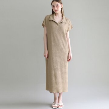 오픈 카라 니트 원피스 - BEIGE