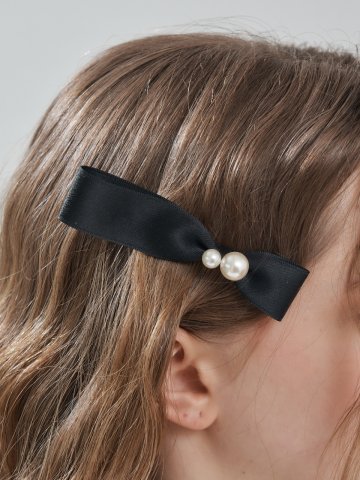 진주 블랙 리본 헤어 집게핀 ELHP048