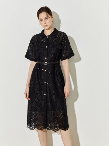 스팽글 레이스 벨티드 원피스 세트 