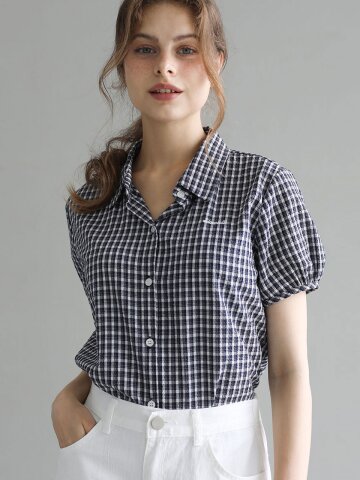 Seersucker check short-sleeve shirt - Navy