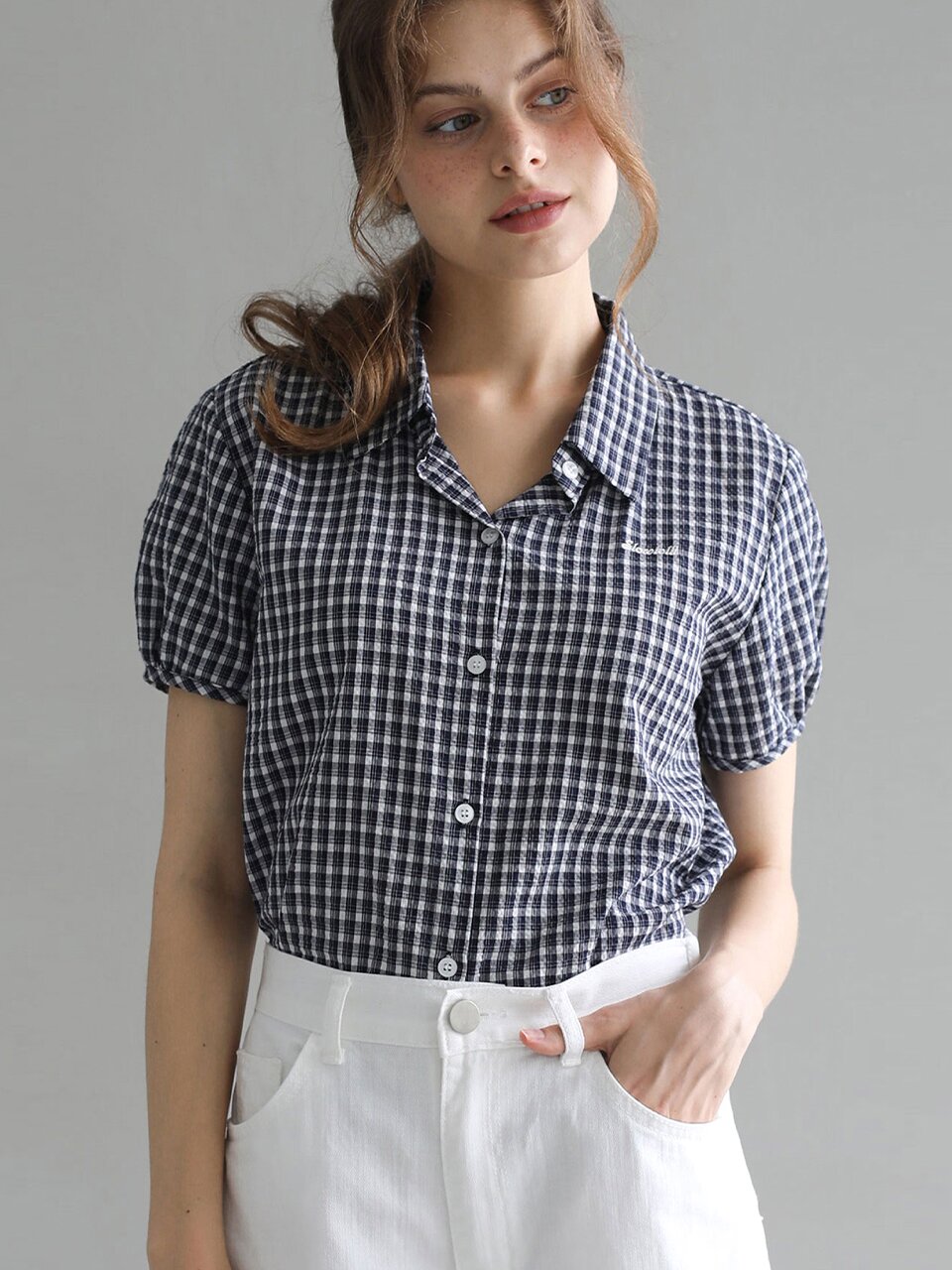 Seersucker check short-sleeve shirt_2 Colors