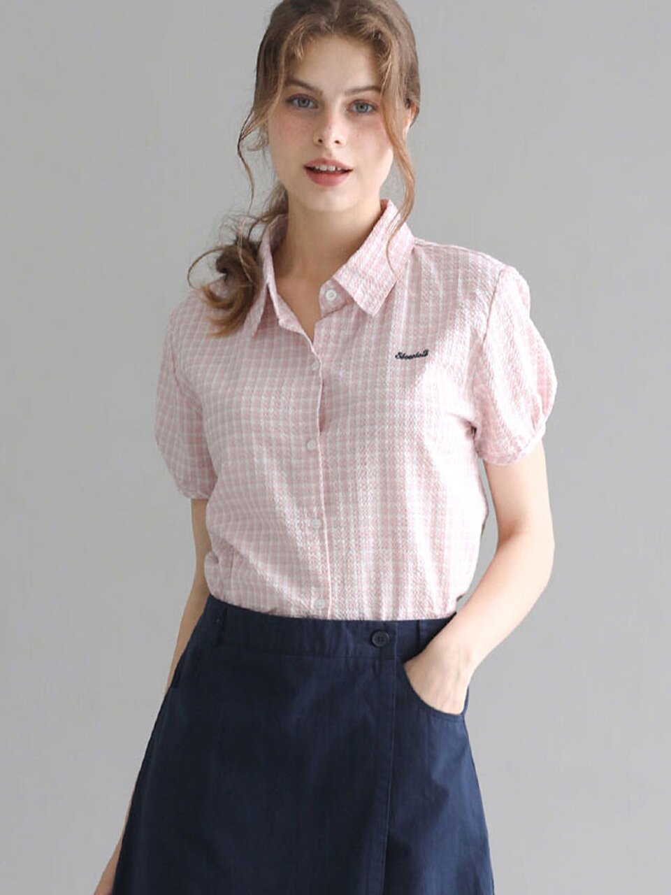 Seersucker check short-sleeve shirt_2 Colors