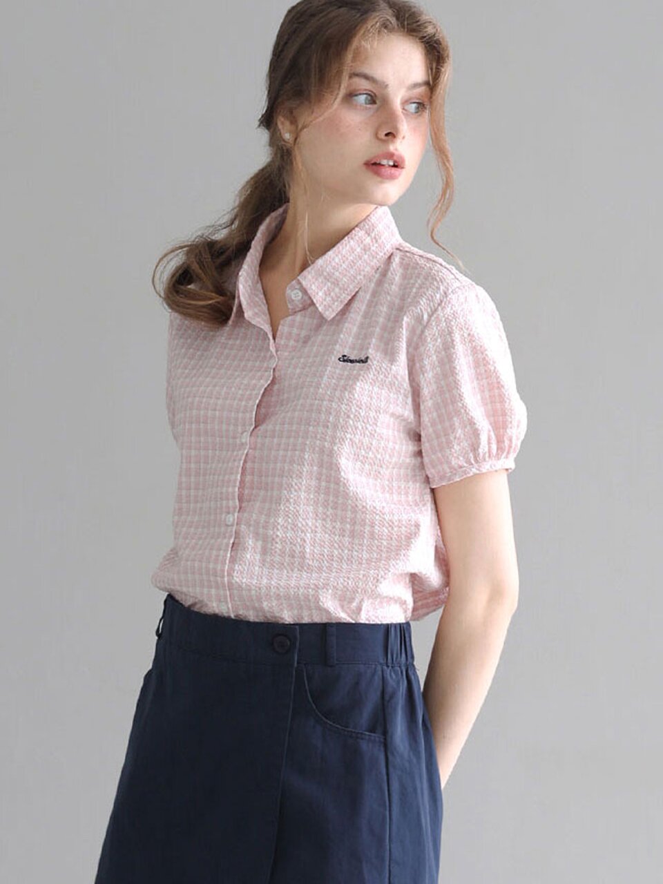 Seersucker check short-sleeve shirt_2 Colors