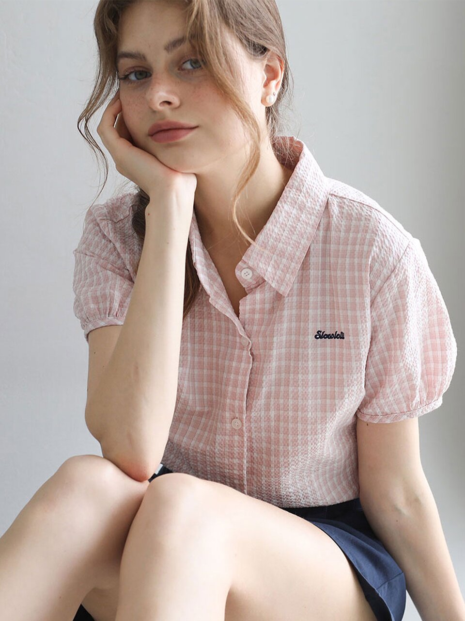 Seersucker check short-sleeve shirt_2 Colors