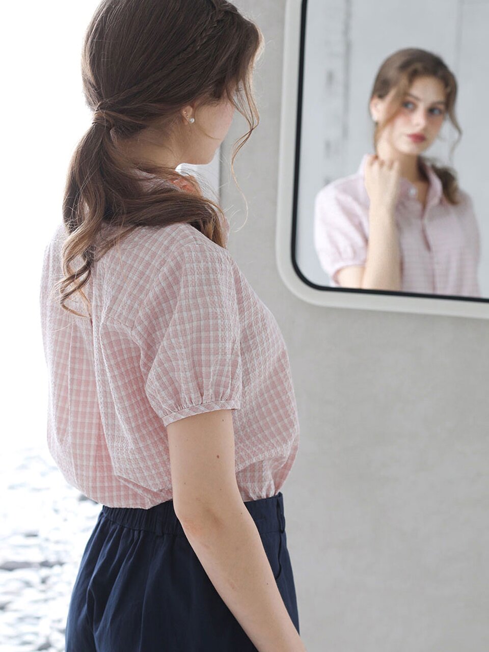 Seersucker check short-sleeve shirt_2 Colors