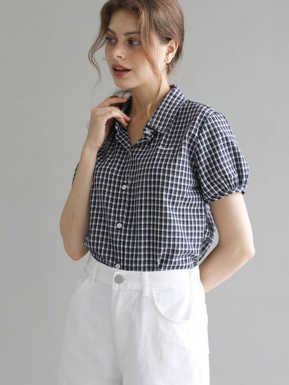 Seersucker check short-sleeve shirt_2 Colors