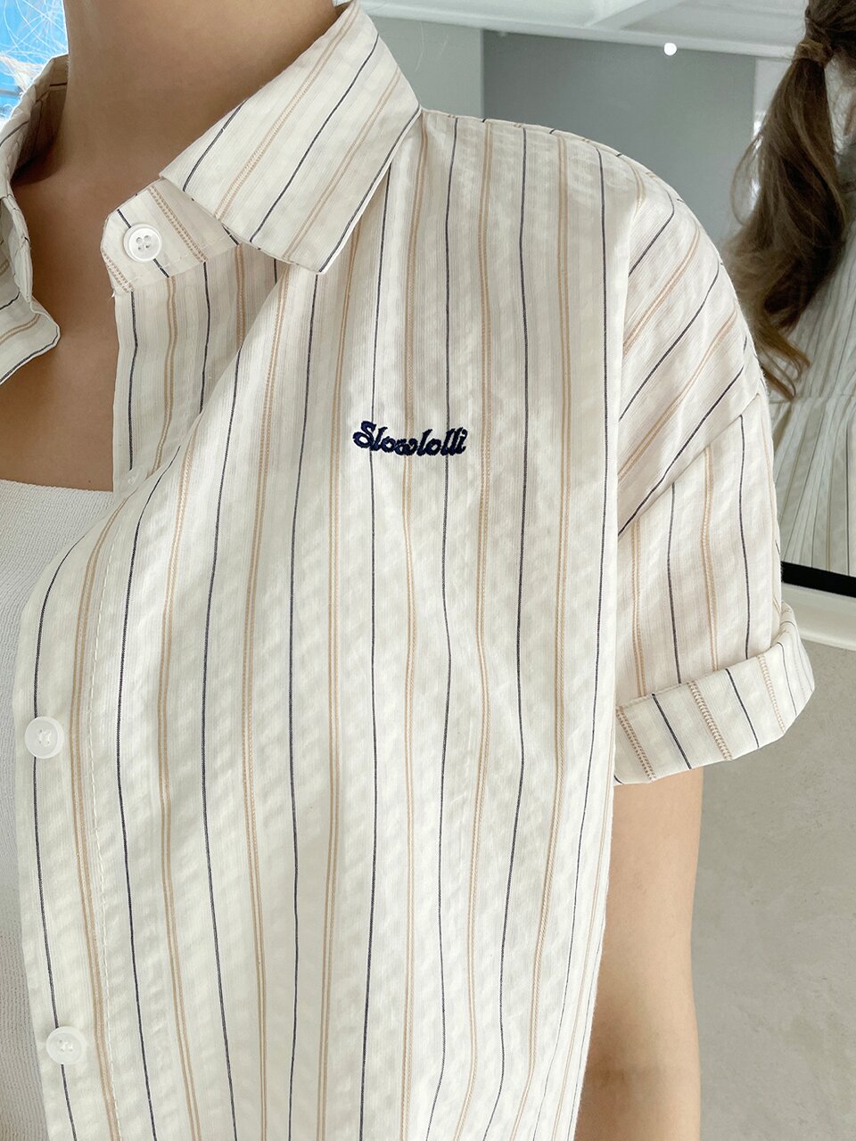 Natural pinstripe short-sleeve shirt_3 Colors
