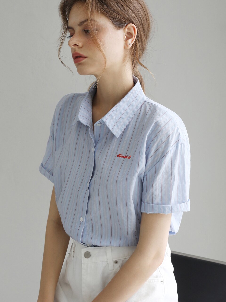 Natural pinstripe short-sleeve shirt_3 Colors