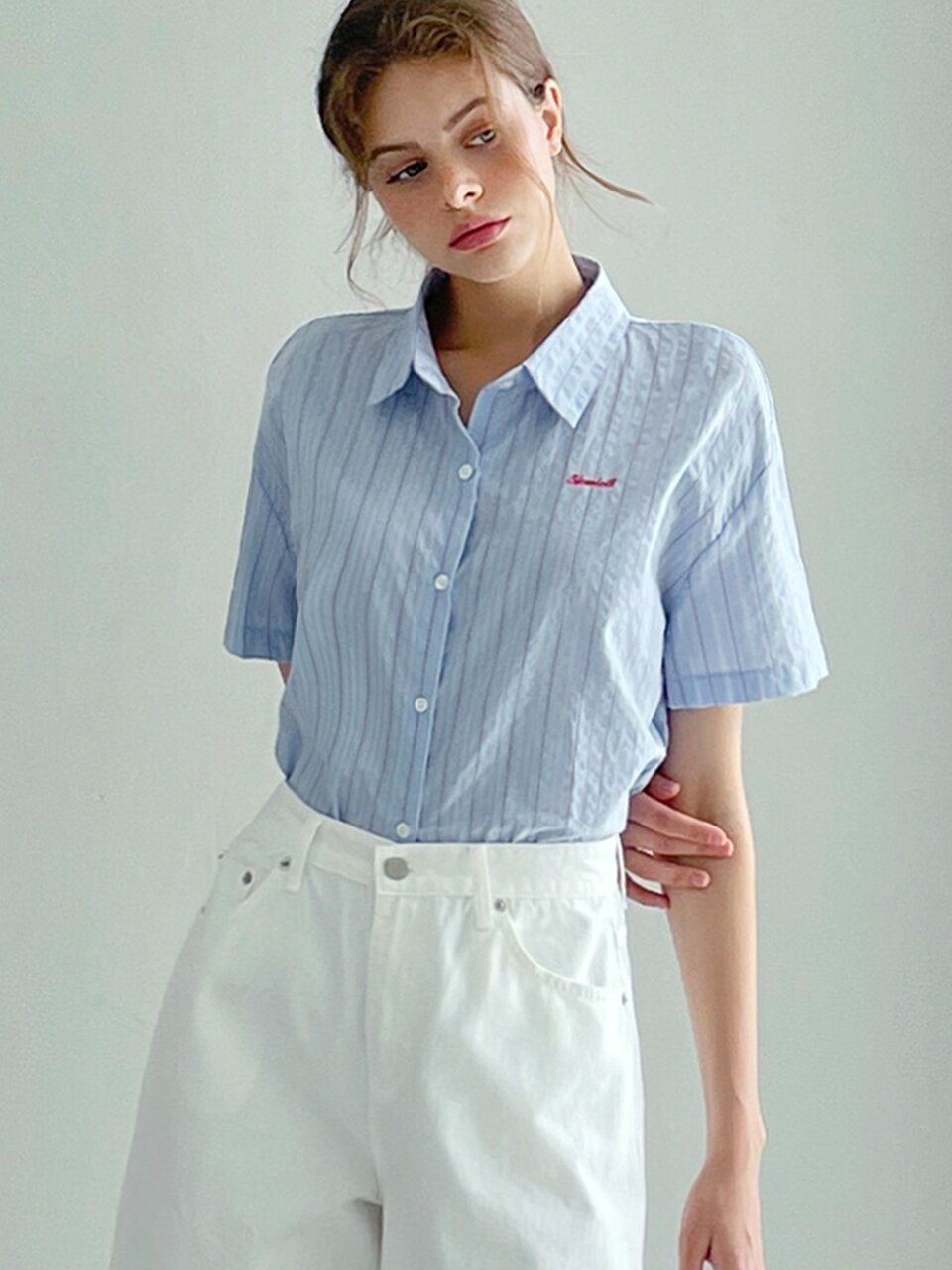 Natural pinstripe short-sleeve shirt_3 Colors