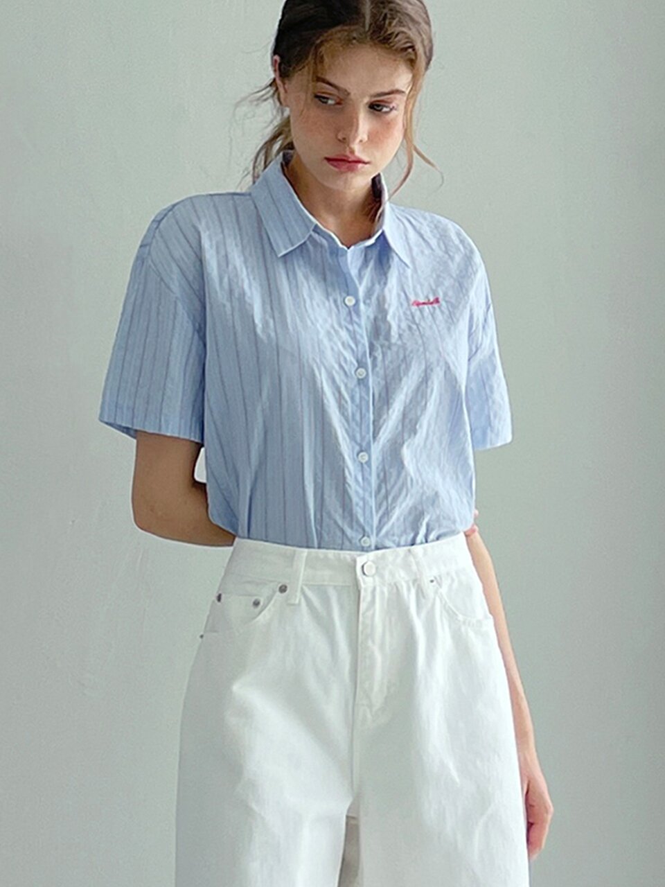 Natural pinstripe short-sleeve shirt_3 Colors