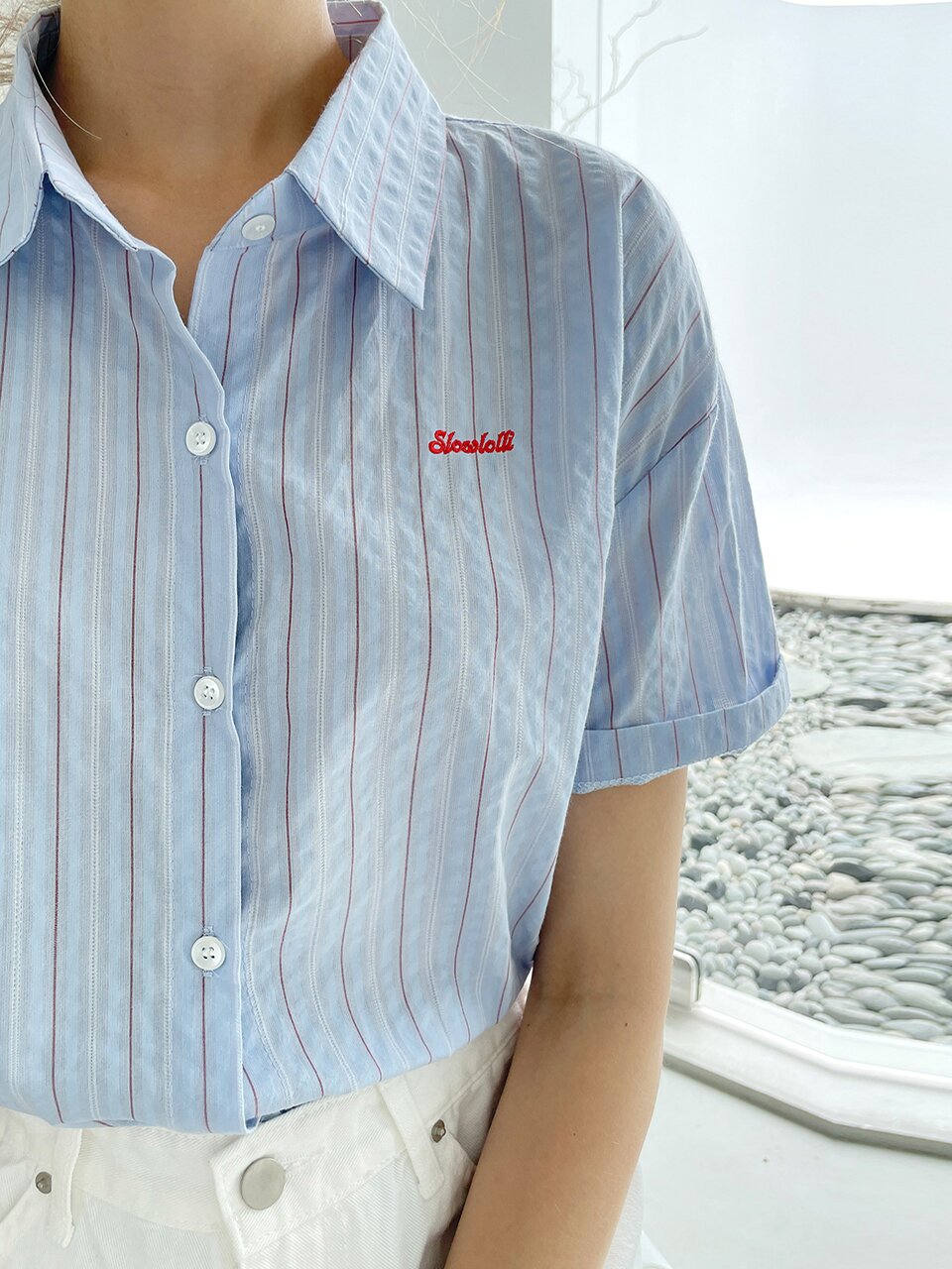 Natural pinstripe short-sleeve shirt_3 Colors