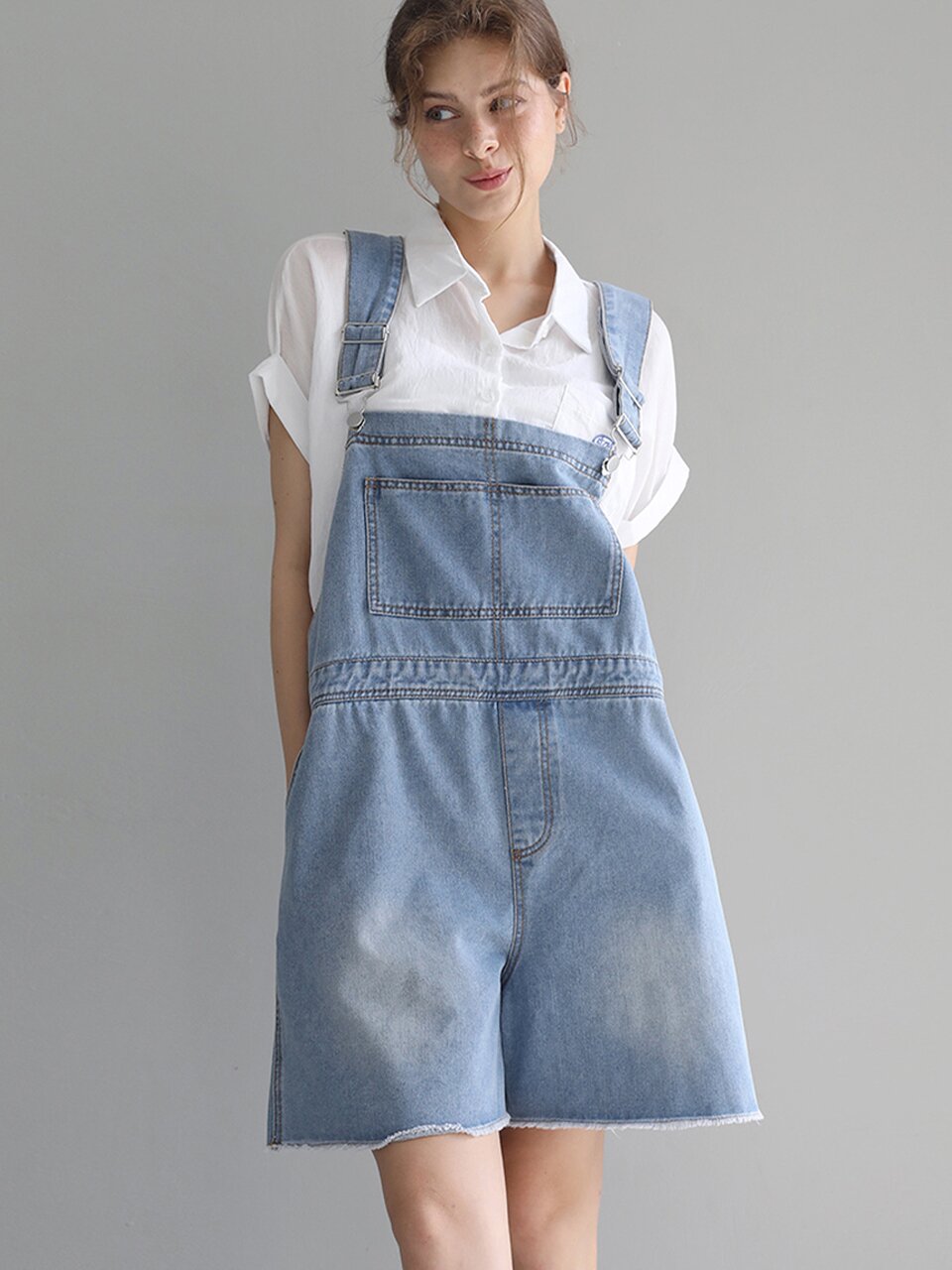 Cross-back denim overall - Light indigo