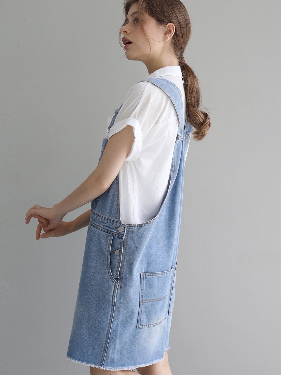 Cross-back denim overall - Light indigo