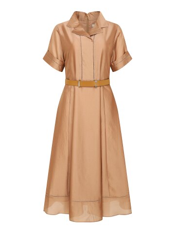 펀칭 오픈 칼라 플레어 원피스 