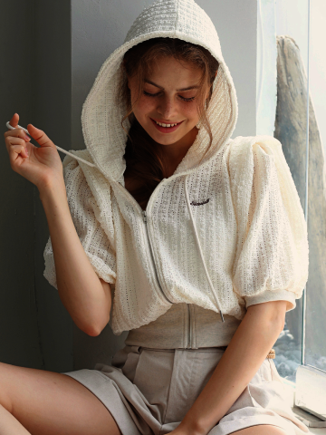 Punching knit hoodie zip-up - Cream