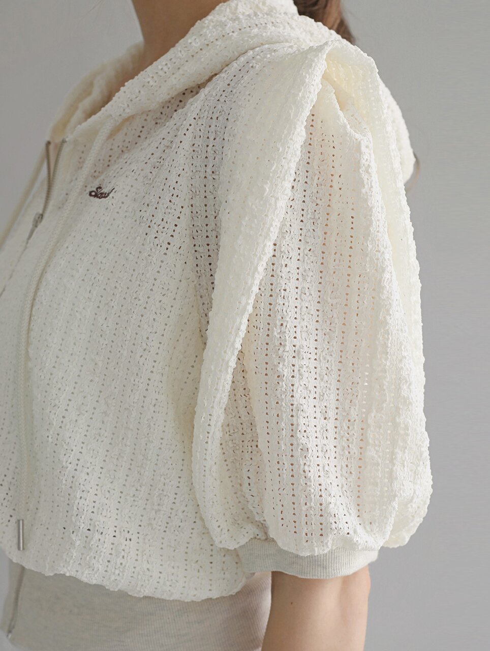 Punching knit hoodie zip-up - Cream