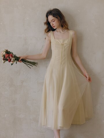 LB_Mesh layer square neck sleeveless dress