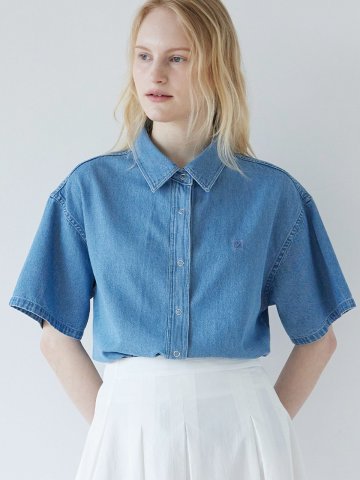 로고 반팔 데님셔츠 - 라이트 블루