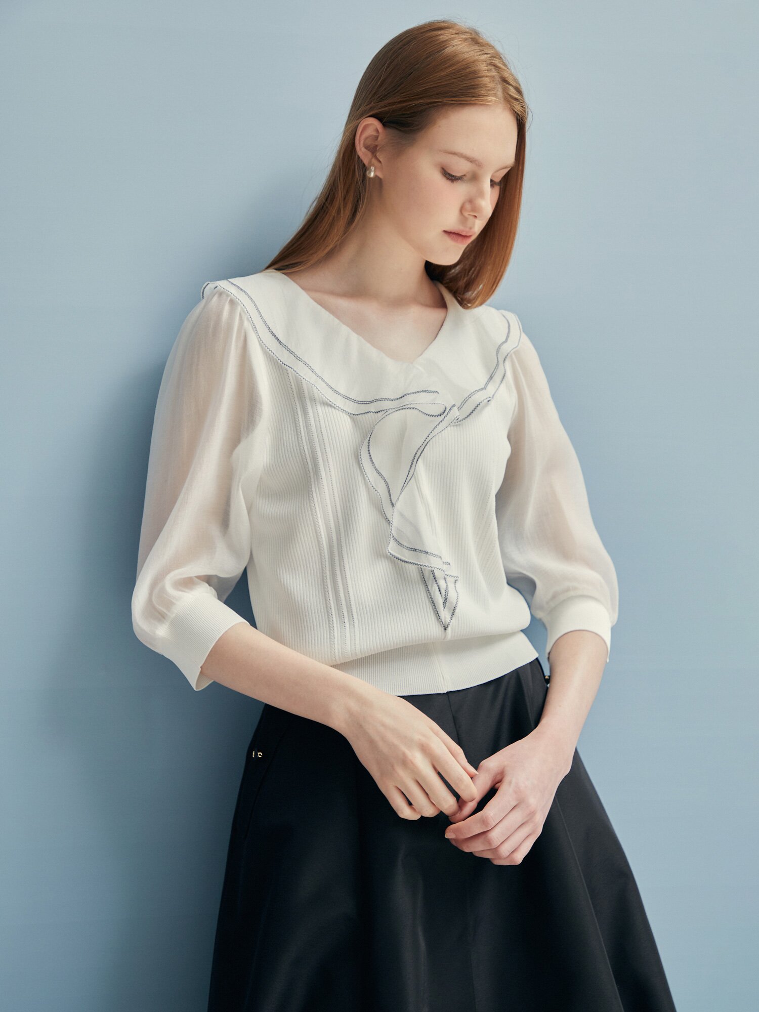 스티치 러플 칼라 풀오버 니트 (WHITE)