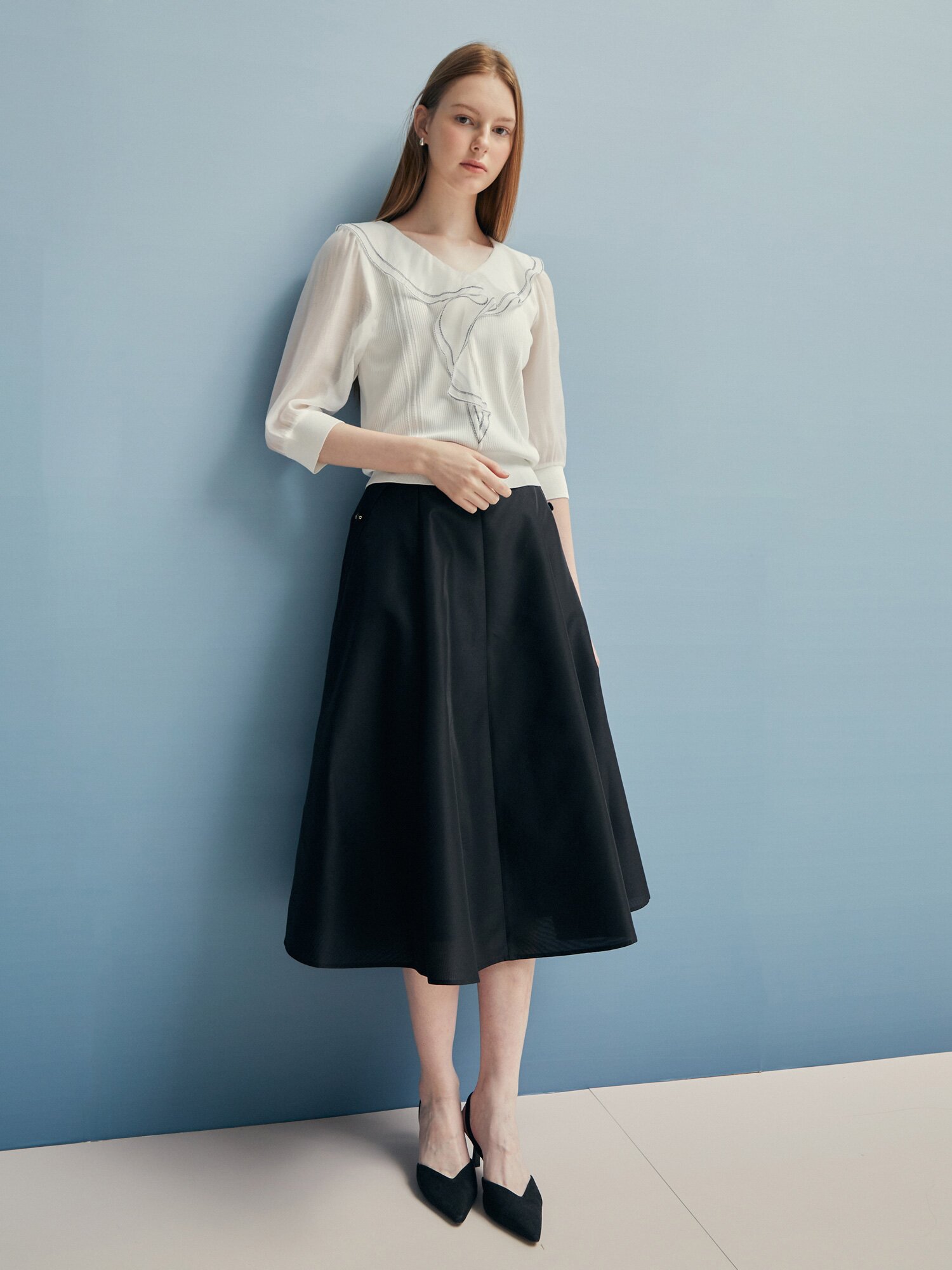 스티치 러플 칼라 풀오버 니트 (WHITE)