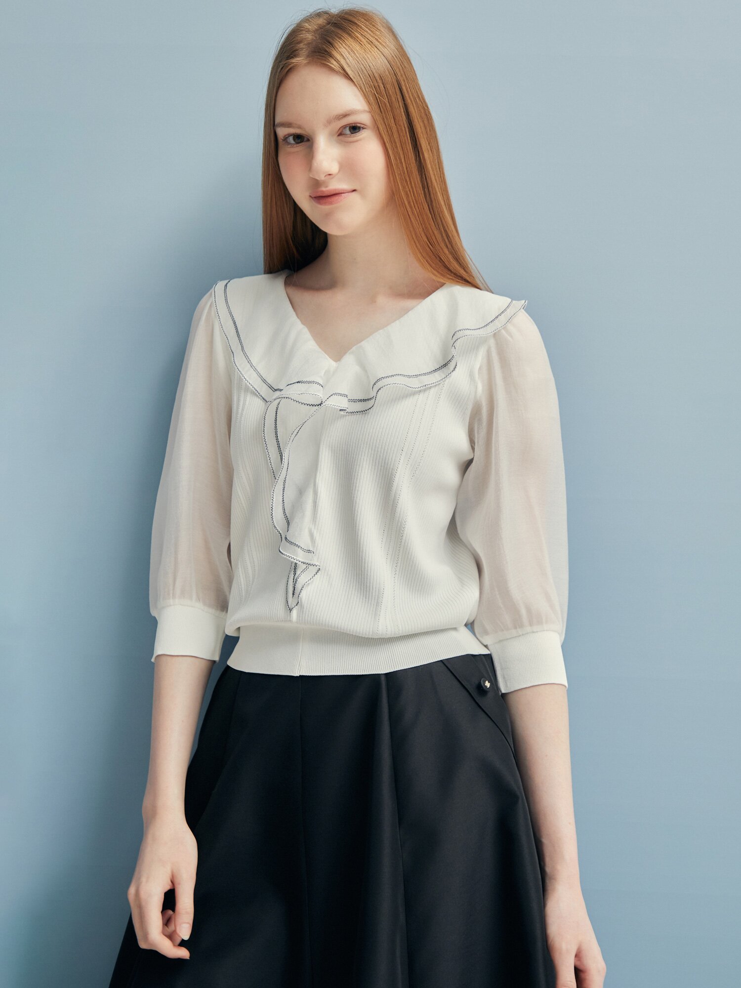 스티치 러플 칼라 풀오버 니트 (WHITE)