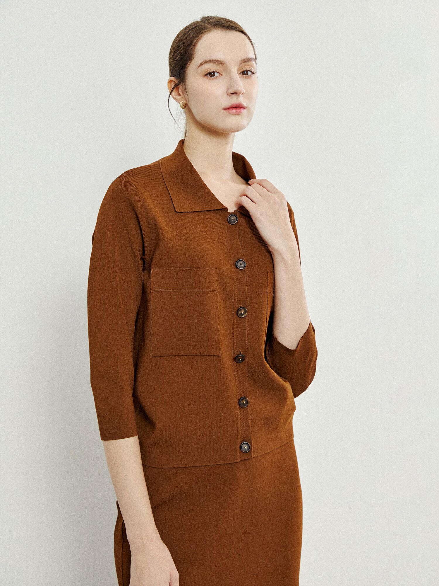 아웃 포켓 7부 칼라 가디건 (BROWN)