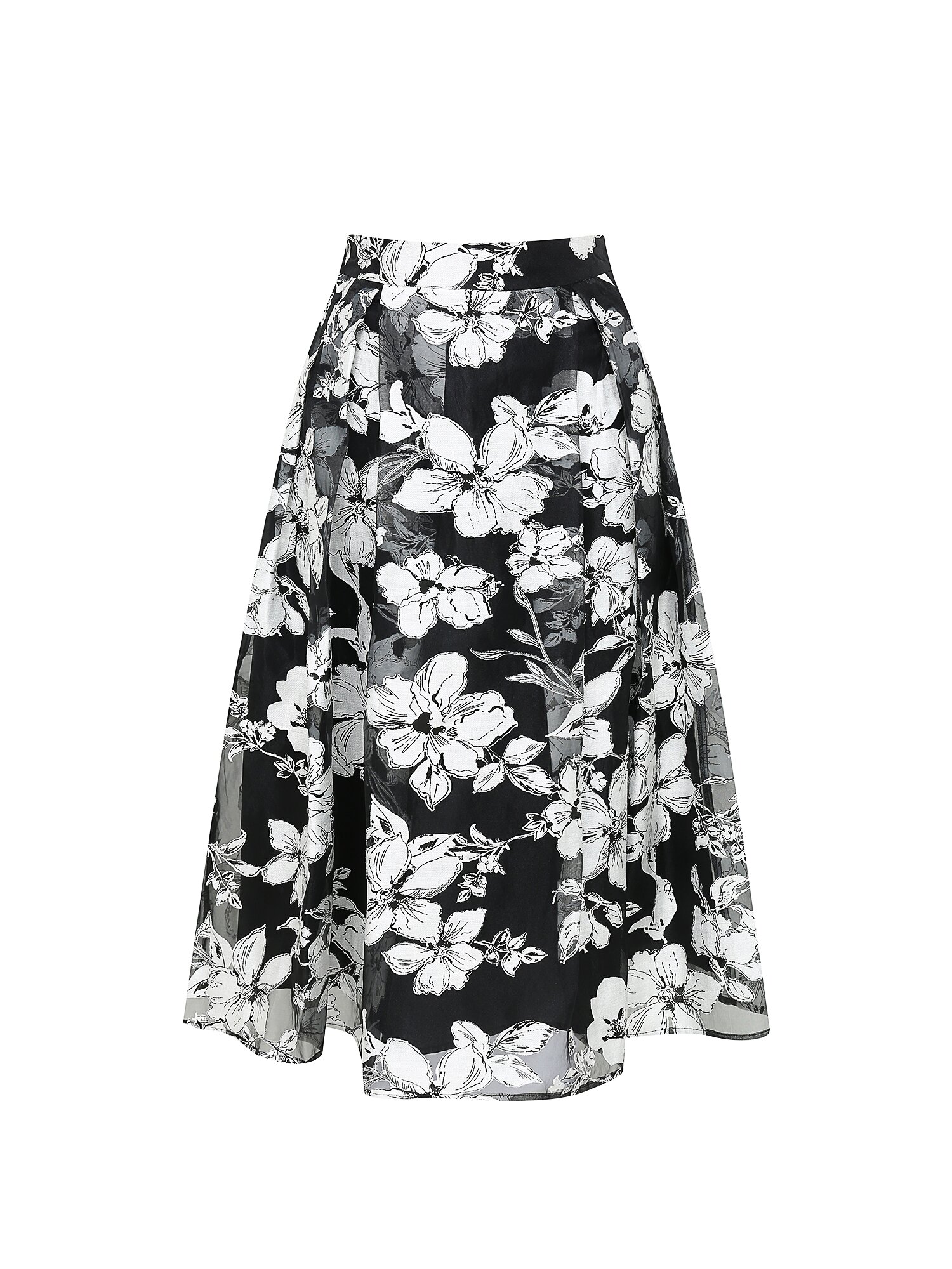 플로럴 턱 플레어 스커트 (PRINT BLACK)