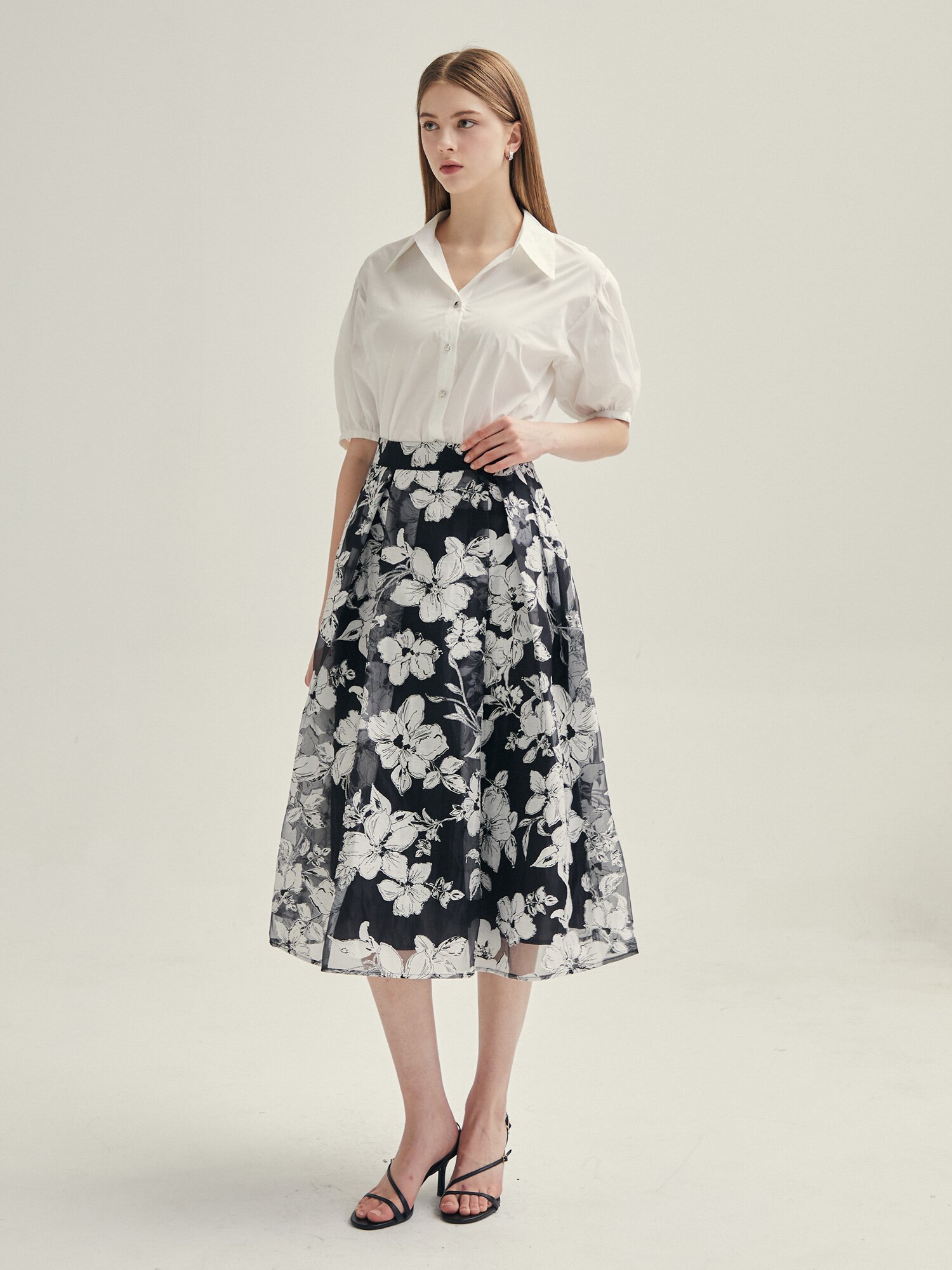 플로럴 턱 플레어 스커트 (PRINT BLACK)