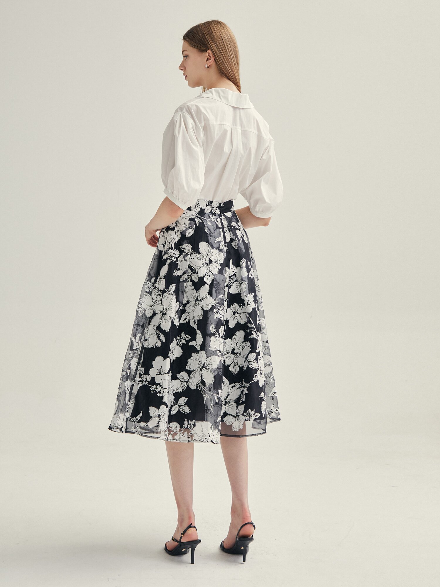플로럴 턱 플레어 스커트 (PRINT BLACK)