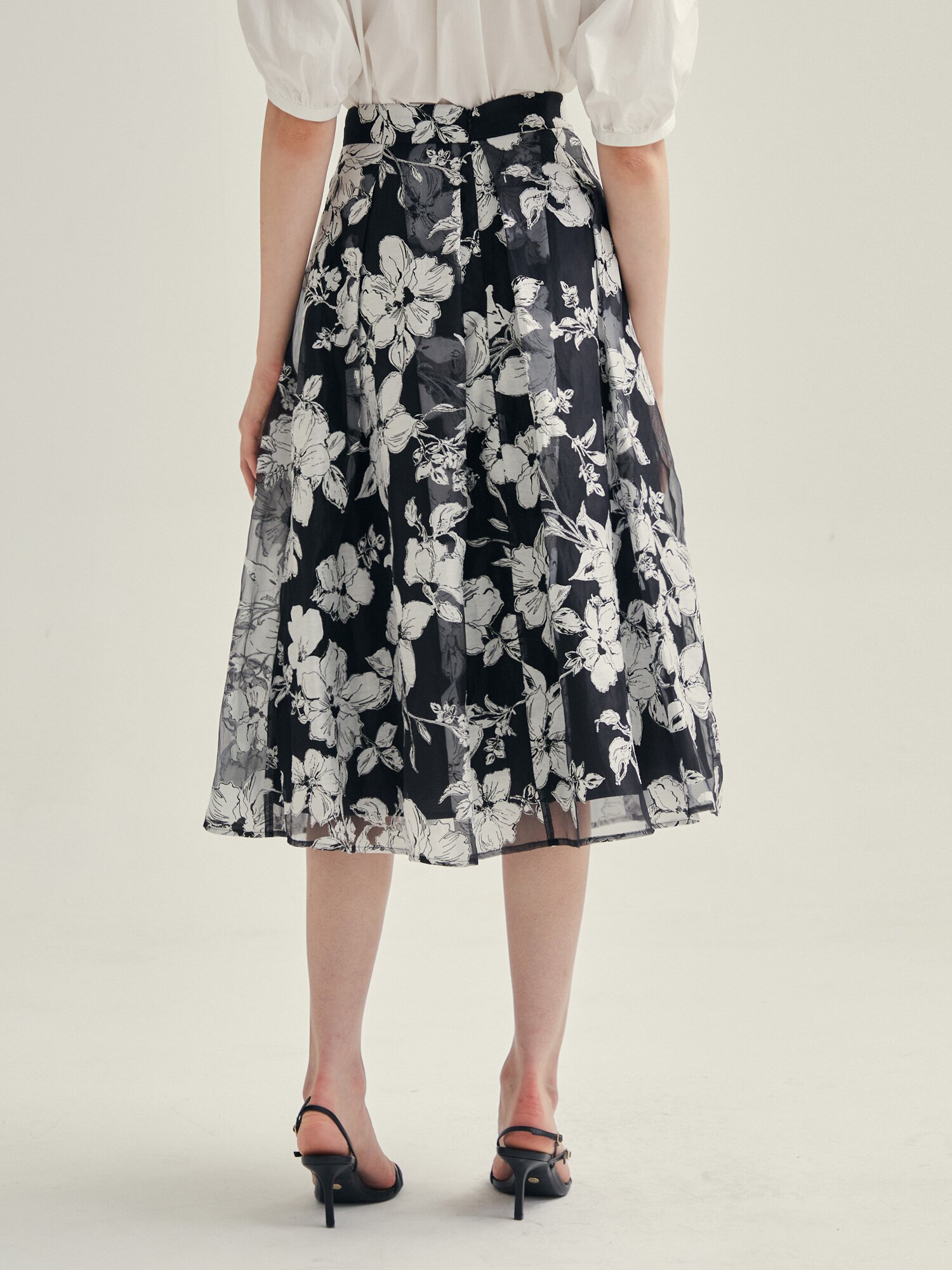 플로럴 턱 플레어 스커트 (PRINT BLACK)