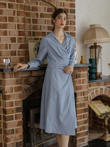 PM_V-neck stripes long sleeves dress_BLUE